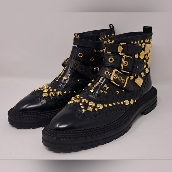 Burberry Everdon Leather Biker Boots Combat Ankle Buckle Gold Studs 10 US 40 EU - Picture 1 of 12